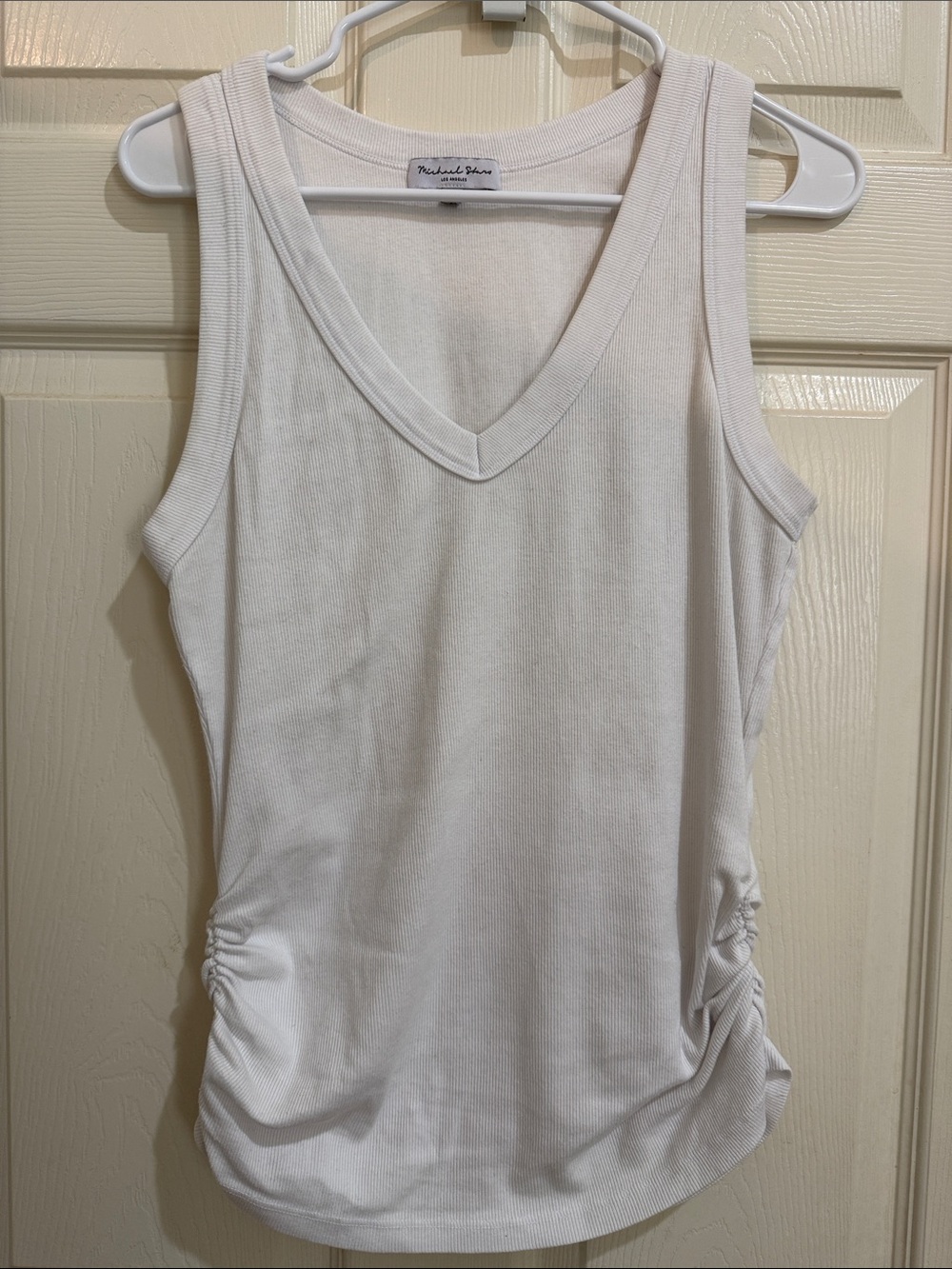 Michael Stars Ribbed V-Neck White Tank with Side Ruching